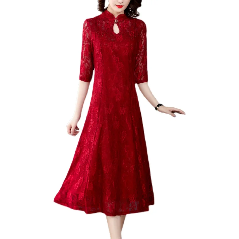 

COIGARSAM 4XL Plus Size Cheongsam Lace Women dress New Dresses Red 8325