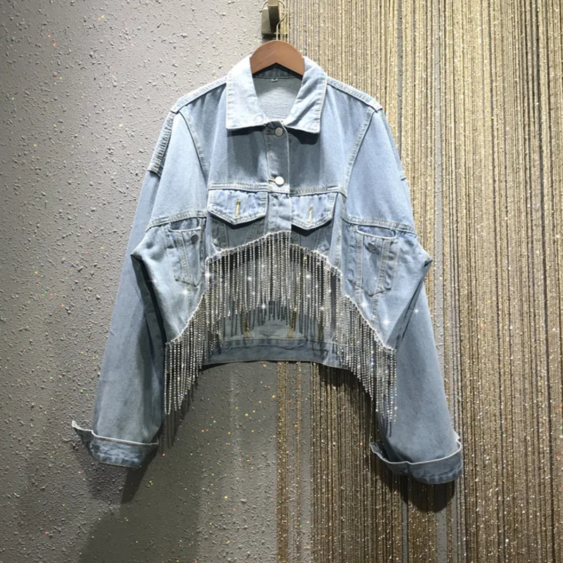 

2020 New Spring Summer Turn-down Collar Long Sleeve Blue Denim Short Jacket Women Rockets Crystal Tassel Loose Slim Denim Coat