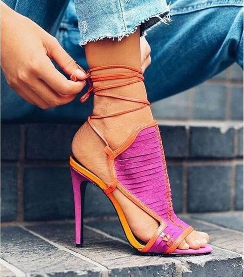 spesifikasi Sandal Strap Pergelangan Kaki Berenda Warna Campuran Seksi Sepatu Slingback Hak Tinggi Ujung Terbuka Perca Wanita Sepatu Gaun Wanita Ukuran Plus 13