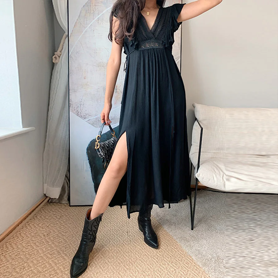 Женское пляжное платье TEELYNN длинное с рукавами бабочками и разрезом сбоку лето