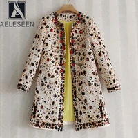 aeleseen runway fashion women trench coat high quality luxury beading crystal floral print elegant blends female long coat