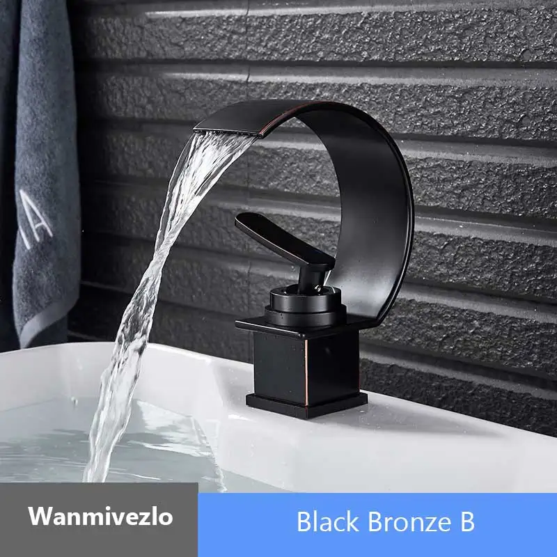 Black Bronze B Медный кран с одной ручкой и двумя ручками для горячей и холодной воды, смеситель для раковины, креативный водопад, водоотводный кран для ванной комнаты, смеситель для раковины - Цвет: Black Bronze B