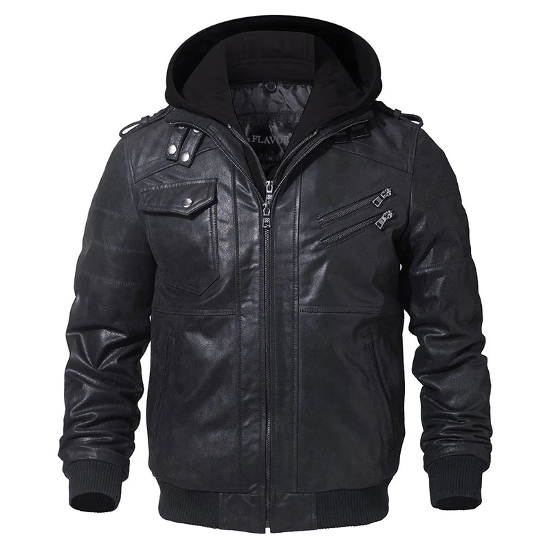 Black Jacket Мужская кожаная куртка, Мужская мотоциклетная зимняя куртка со съемным капюшоном, мужские Модные Теплые Куртки из натуральной кожи, мужская кожаная куртка - Цвет: Black Jacket