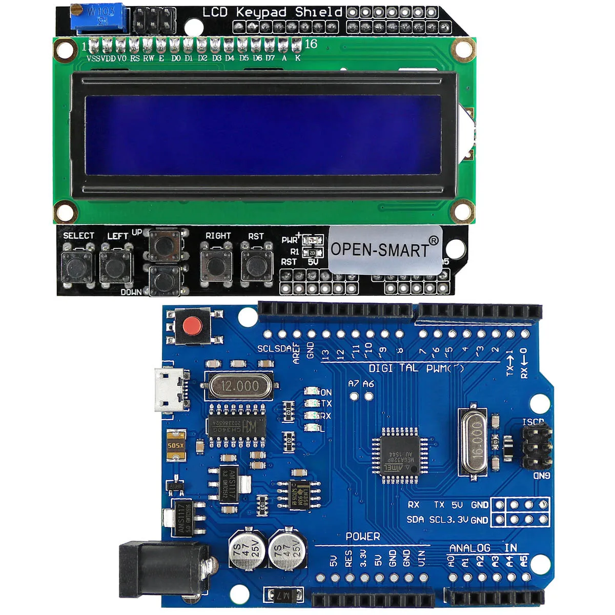 

OPEN-SMART Micro USB ATmega328P DIY Development-Board + LCD 1602 Keypad Shield White Backlight Blue Compatible for Arduino