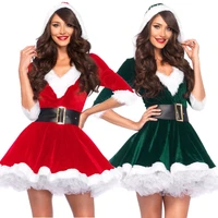 vocole women christmas costume cosplay miss santa claus outfits hooded sexy red velvet fancy dress xmas uniform with belt