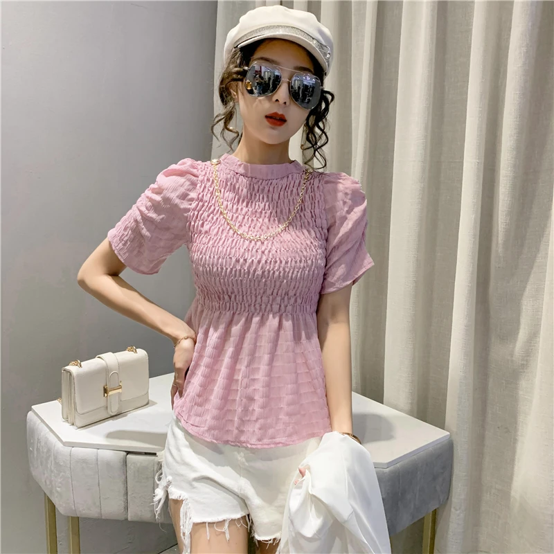 

Summer Korean Style Puff Sleeve Girls Women Blouses 2021 New Pure Color Cute Slim High Waist Blouse Tops Chains Pleated Shirts