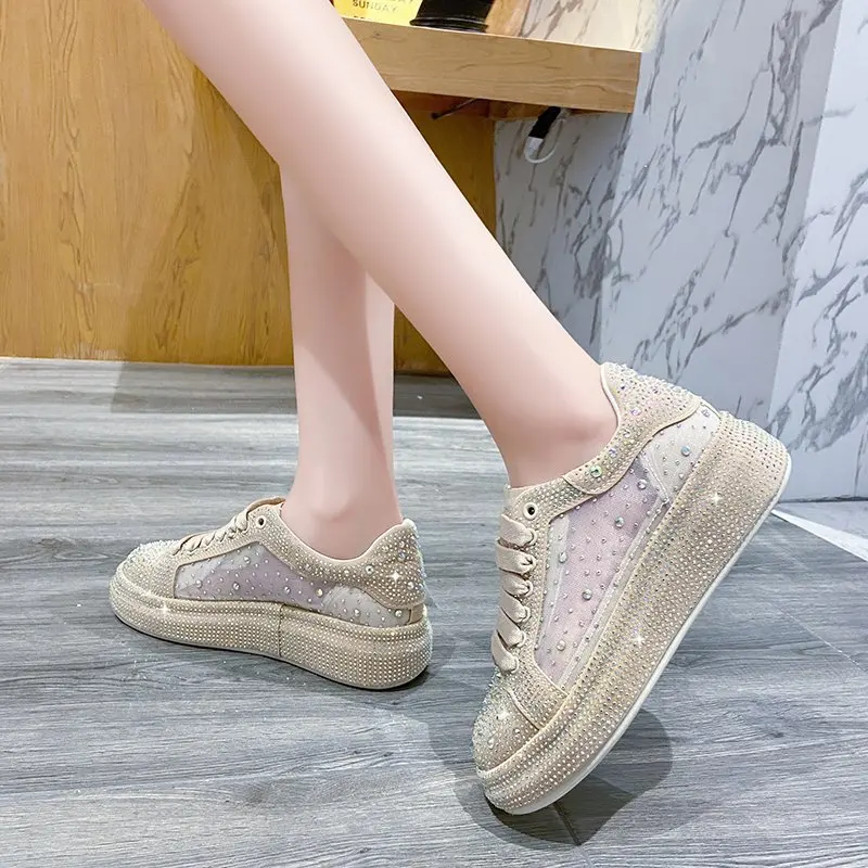 

Women's Single Shoe Fairy Wind Diamond Lacing Breathable Sponge Cake Thick Sole Recreational Sports Women's Board Shoe Tide
