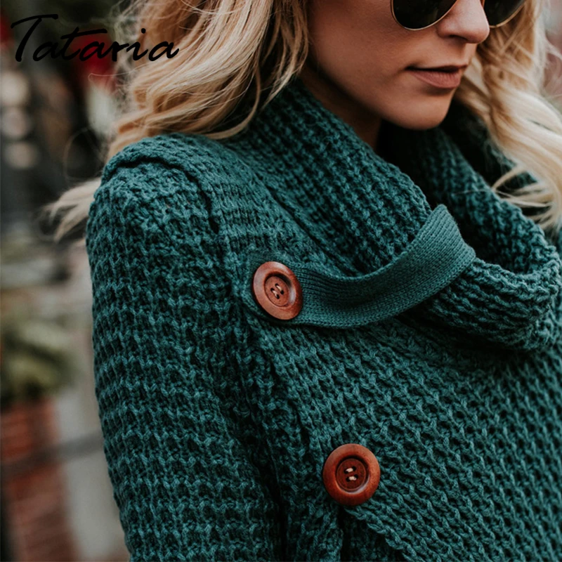 Tataria Womens Button Turtleneck Knitted Sweater Female Asymmetric Hem Wrap Pullover Tops Women Jumpers | Женская одежда