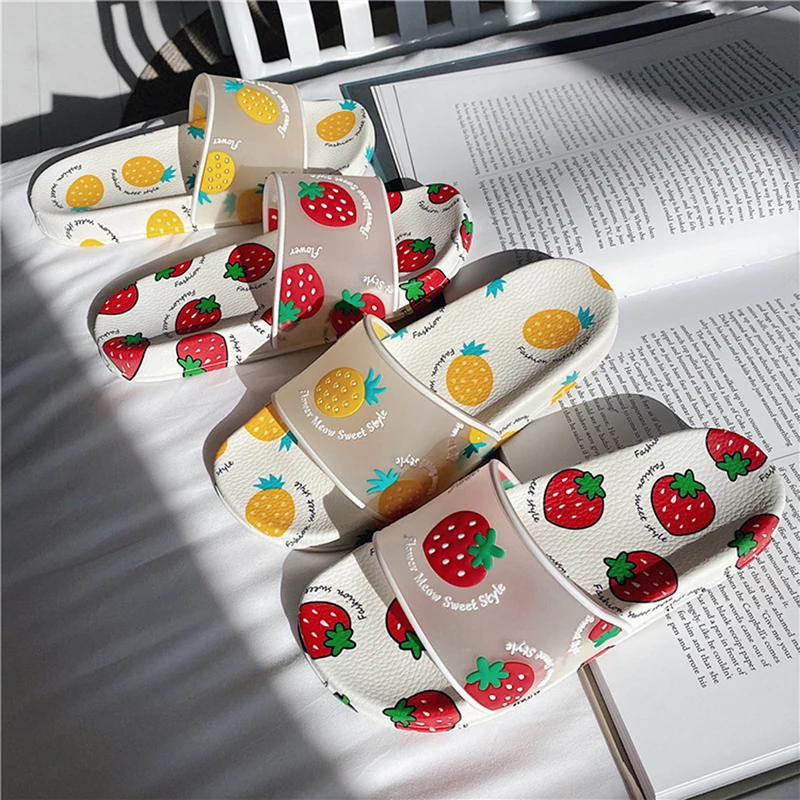 

Cartoon Fruit Slippers Cute Fruit Jelly Color Transparent Open Toe Flip Flops Summer Slide Sandals Outdoor Beach Slides Sandals