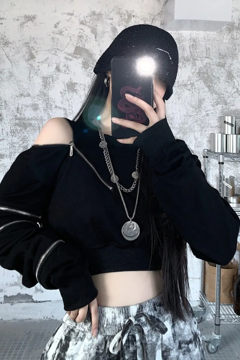 

Off Shoulder Hoodies for Teen Girls Kpop Korean Zippers Sweatshirts Women Crop Hoodies Long Sleeve Ropa De Mujer AA011S50