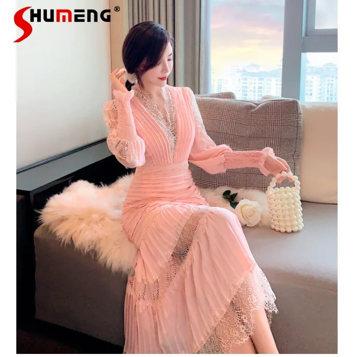 

Elegant V-neck Lantern Sleeve Lace Patchwork Pleated Long Dresses Ladies 2021 Spring Plus Size Annual Meeting Pink Dress Women