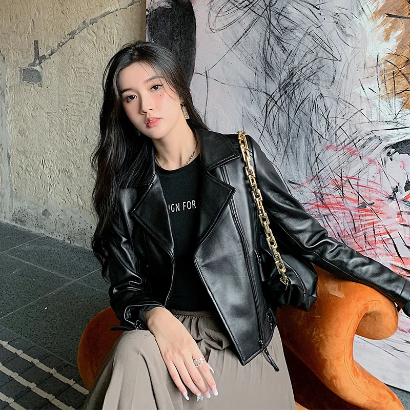 

JCHB 2021 winter autumn and Korean style new sheepskin slim leather jacket temperament motorcycle jacket short lapel leather ja