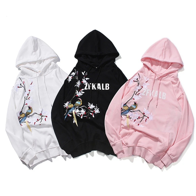 Толстовка с капюшоном вышивкой радужные птицы в цветочек японский Harajuku