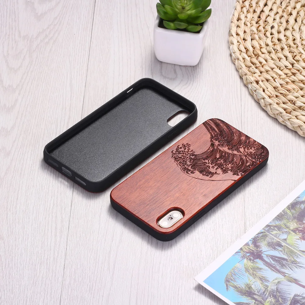 Для iPhone 12 6 6S 6Plus 7 7Plus 8 8Plus XR X XS Max 11 Pro с гравировкой Great Wave off Kanagawa Wood Case Funda Coque|for samsung