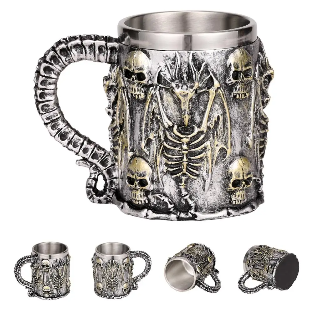 Silver Skull Dragon Череп Дракон из смолы нержавеющая сталь Пивная кружка Ретро рыцарь Танкард Хэллоуин кофейная чашка креативный Викинг чайная кружка Паб Бар украшения - Цвет: Silver Skull Dragon