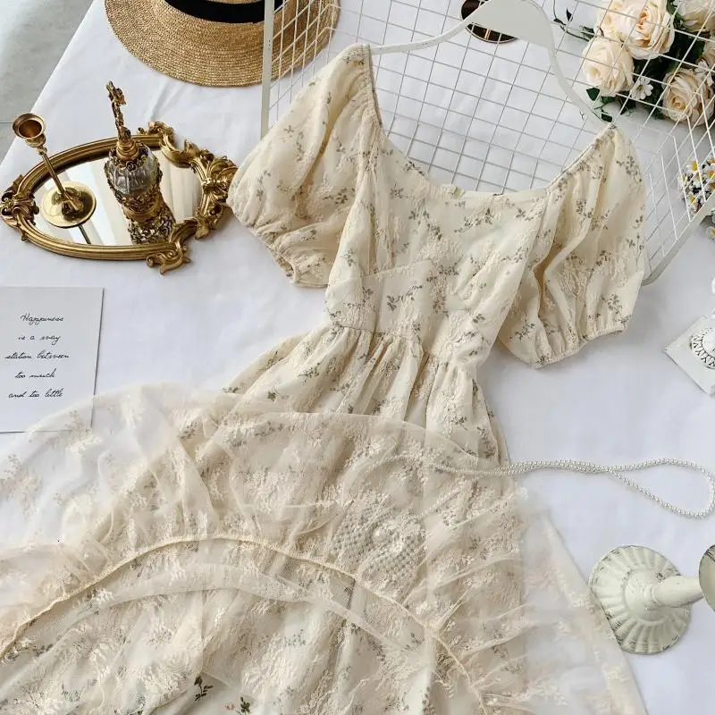 Foamlina женское винтажное стильное цветочное кружевное платье летняя мода с круглым вырезом с коротким пышным рукавом с высокой талией повседневное вечернее платье