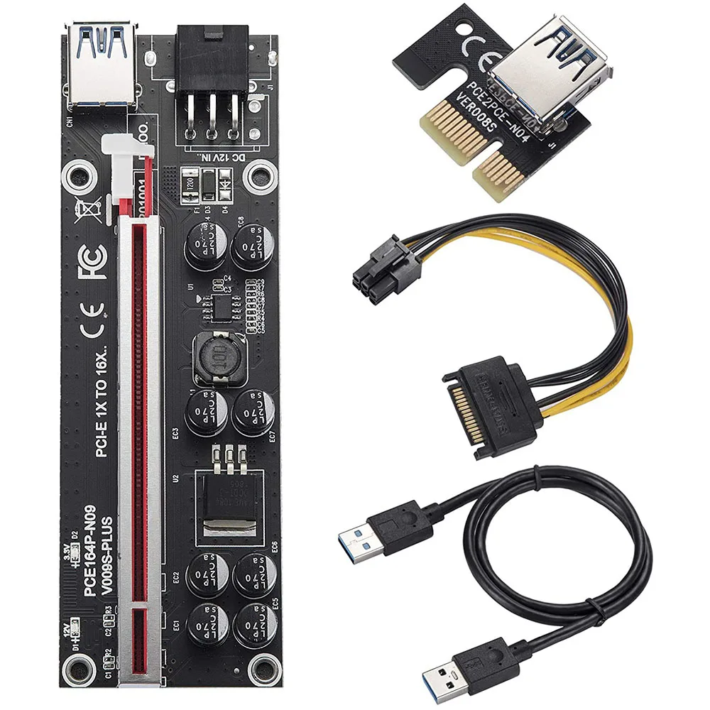 

Mining X1 X16 PCIE Riser 009s Plus LED GPU Riser PCI Express X16 Adapter Molex 6Pin SATA To USB 3.0 Cable For Bitcoin Miner