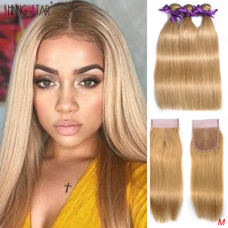 

Peruvian Honey Blonde Bundles With Closure Ombre #27 Bundles With Closure Shining Star Remy Straight Human Hair Weave Closure