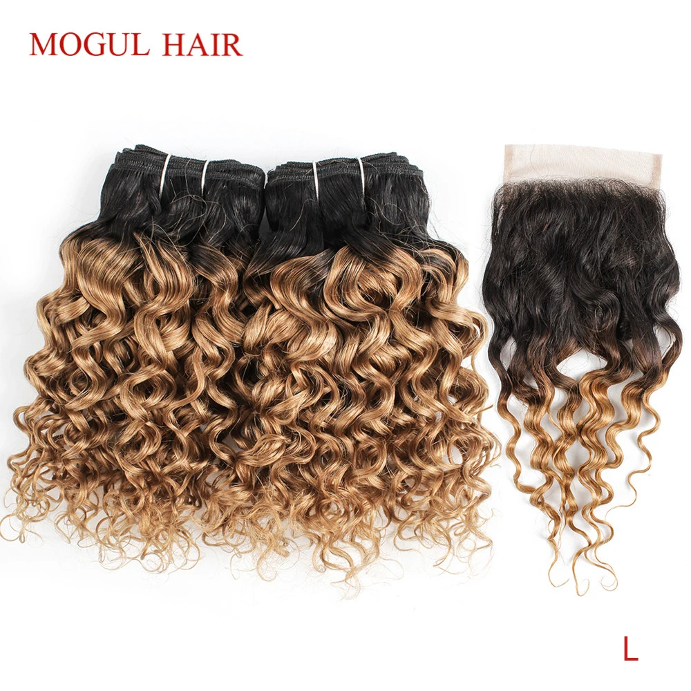 50g/pc 4/6 Bundles with 4x4 Lace Closure Free Part Water Wave Ombre Honey Blonde Remy Human Hair Brown Short Bob Style MOGULHAIR