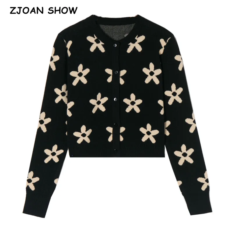 

Женский вязаный жаккардовый кардиган, черный однобортный короткий джемпер с завышенной талией и кремовыми цветами, трикотажная одежда для ...