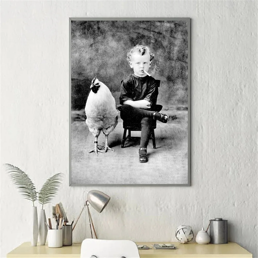 

Boy Smoking With Chicken Poster Black And White Canvas Print Vintage Photography Painting Wall Art Pictures Kids Room Decoration