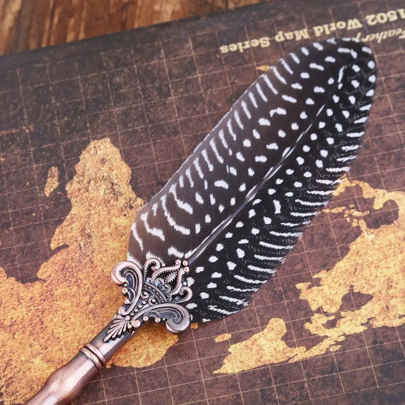 

Vintage Feather Quill Dip Pen Fountain Pens With Ink +3 Nibs Set Box Stationery Q6PA