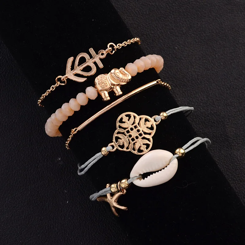 5 шт./компл. Набор браслетов с веревкой розовые бусы слон натуральная морская