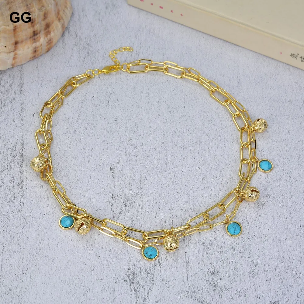 GG Jewelry 17'' 2 Strands Gold Plated Small Bell Blue Turquoise Coin Pendant Chain Necklace | Украшения и аксессуары