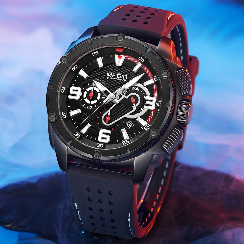 Модные мужские часы MEGIR с хронографом роскошные Брендовые спортивные кварцевые