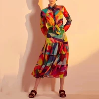 single breasted lapel printed chiffon shirt high waist comfortable over the knee skirts 2021 summer new dress suit