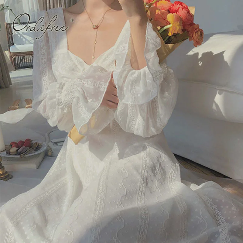 

Женское винтажное длинное платье Ordifree, белое кружевное Пляжное Платье макси с длинным рукавом и вышивкой, лето 2022