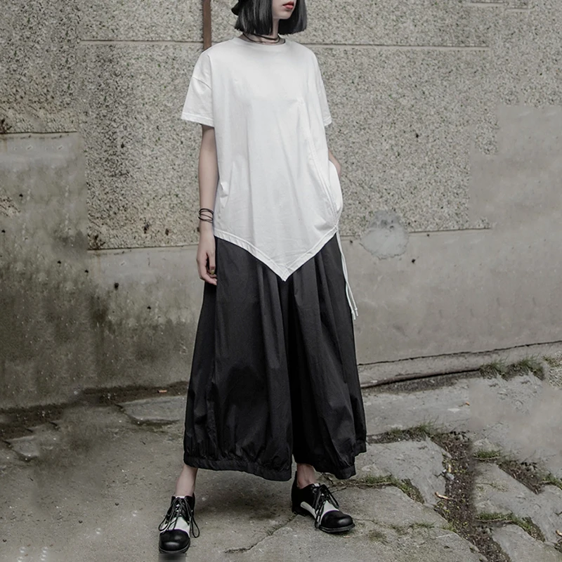 [EAM] Новинка 2021 года Сезон весна-осень Черные плиссированные свободные брюки с