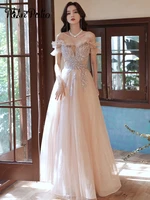 elegant off the shoulder pink prom dresss 2021 luxury appliques shiny glitter tulle a line floor length long evening dresses