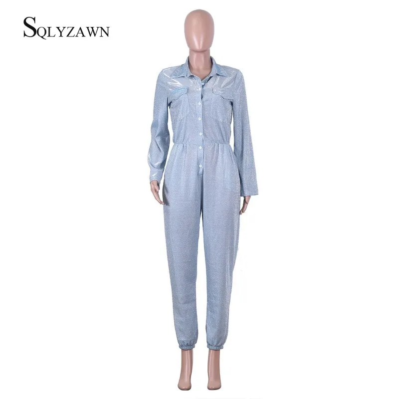 Fashion Sequin Glitter Blue Long Sleeve Cargo Pants Jumpsuit Women Streetwear Fall Romper Casual Loose Overall Plus Size 2XL |