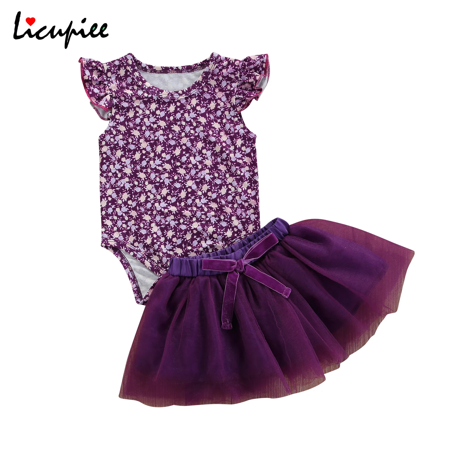

0-24 Months Print 2pcs Baby Summer Outfits Floral O-neck Ruffle Sleeves Romper + Elastic Tutu Skirt with Bowknot for Girls
