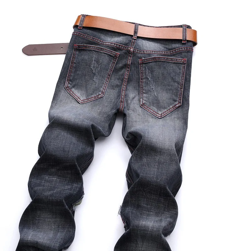

Spring and Autumn Jeans Men's Ripped Hole Cut Patches Trendy Stretch Jeans Men's clothing Men trousers