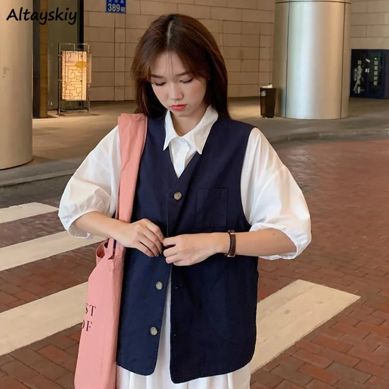 

Vests Women Solid V-neck Retro All-match Teens Fresh Button Up Loose Waistcoats Outwear Stylish Hong Kong Style Tooling Leisure