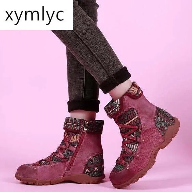 

New Winter Women Boots Bohemian Retro Leisure Embroidery Stitching lace up Ankle Boots Comfortable women Flat Shoes
