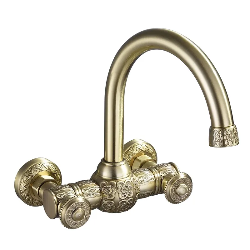 

Bathroom Basin Faucets Wall Mounted Dual Handle In-Wall Hot & Cold Sink Mixer Tap Antique Brass Carved Rotating Basin Faucet