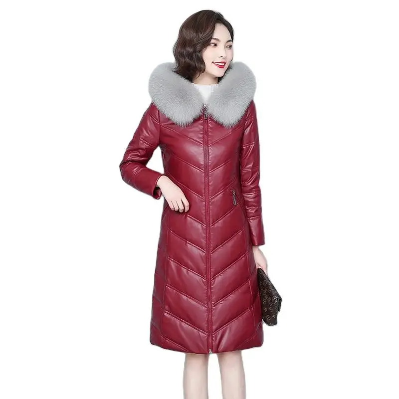 Women Sheep Leather Down Coat Winter Fashion Warm Hooded Real Fox Fur Collar Slim Sheepskin Leather Down Overcoat Female
