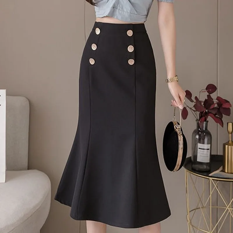 

2023 Spring Autumn Women Professional Elastic High Waist Midi Skirt Double Breasted Package Hip Mermaid Skirts Office Ladie Y578