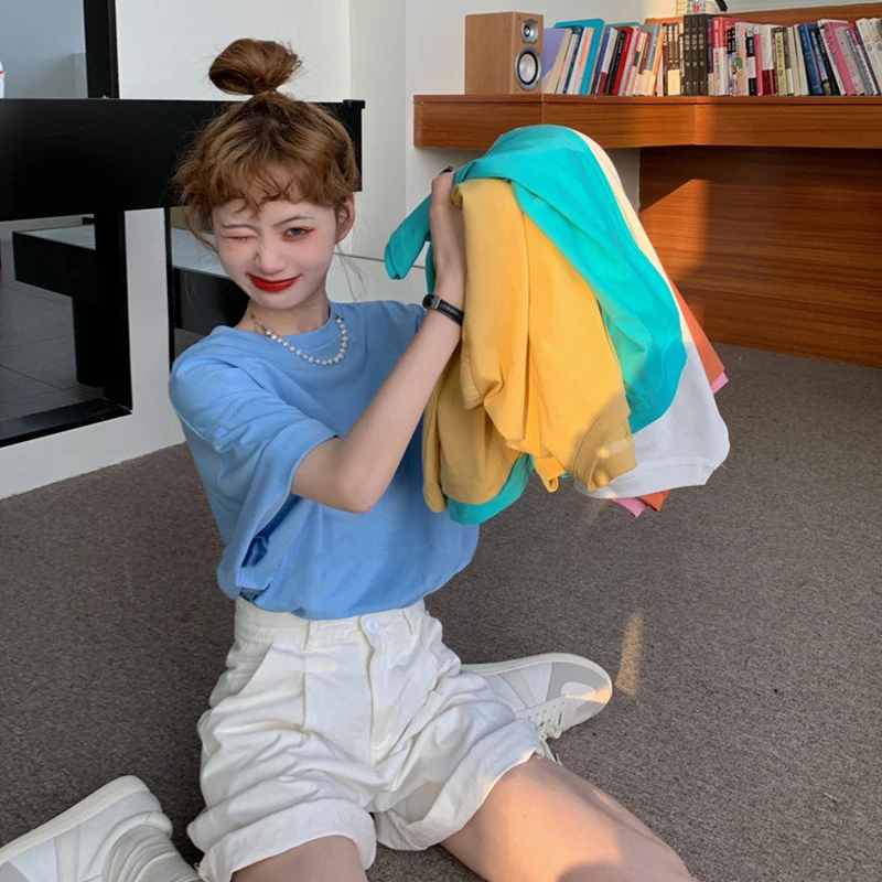 

Solid Color Short-Sleeved T-shirt Women's Summer 2021 New Loose Student Versatile Slimming Casual Top Clothes Ins Fashion