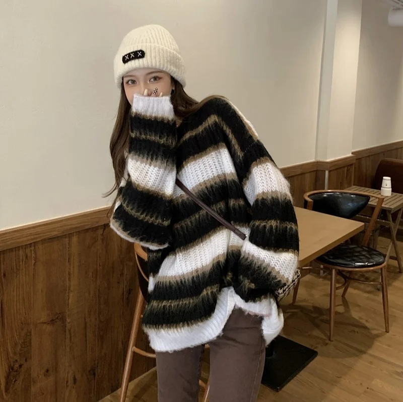 Loose Pullover Lazy Wind Contrast Striped Sweater Missing Lower Body Autumn Winter Casual Women's Rac | Женская одежда