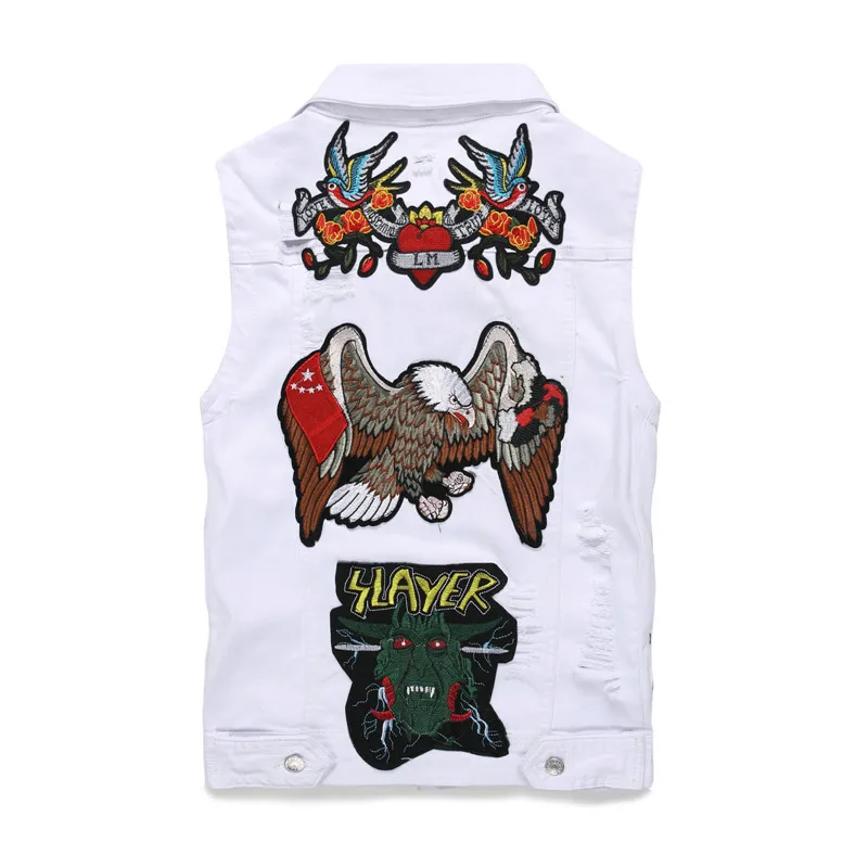 High Quality Men's Denim Vest Eagle Embroidery Skinny Single Breasted Ripped Jeans Waistcoat Singer Dancer Nightclub | Мужская