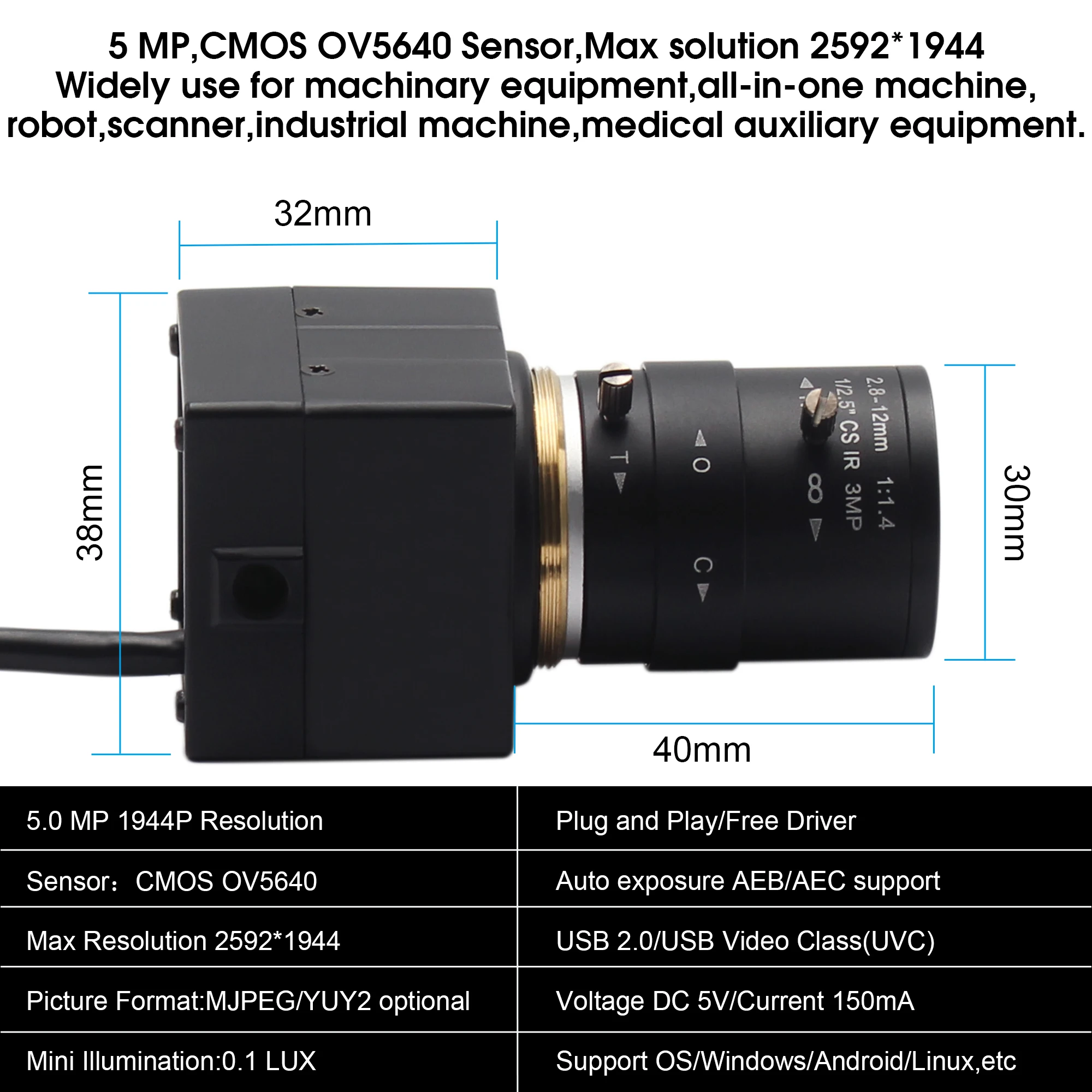 HD USB Камера 5 мегапикселей 2592X1944 видео веб-камера OV5640 CMOS CS крепление варифокальный