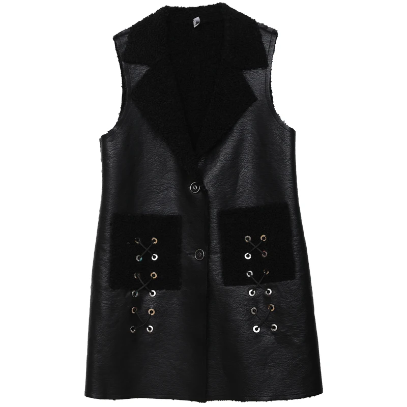 Women Vest Faux Leather Autumn Winter Black Lamb Wool Coat Sleeveless Velvet Warm PU Leather Waistcoat My NewIn