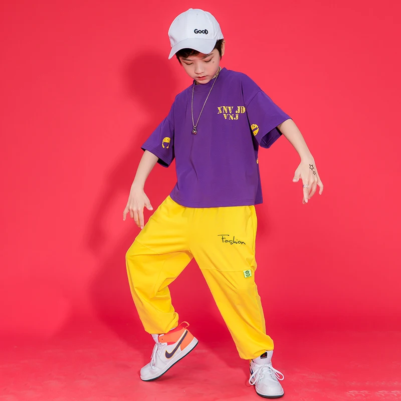 

Children Purple Short Sleeved Yellow Hiphop Pants Jazz Dance Costumes Boys Ballroom Hip Hop Clothes Girls Stage Outfits 110-170