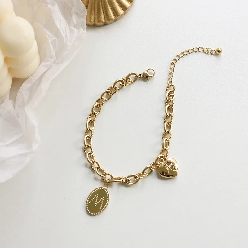 

Amaiyllis 14k Gold Minimalist Oval M Coins Love Heart Twist Chain Bracelet Bangle For Female Bijoux Mom Jewelry Gift