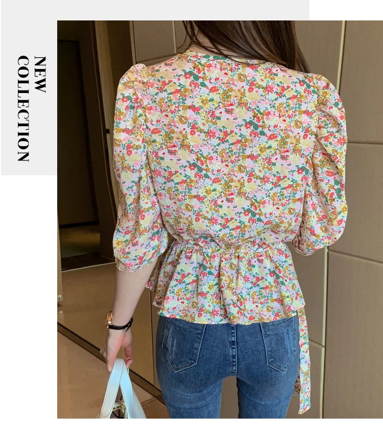 

Houthion New Sleeve Women's Blouse Irregular Floral Tops Summer Korean Fashion V-neck Shirt Casual Puff Sleeve Regular