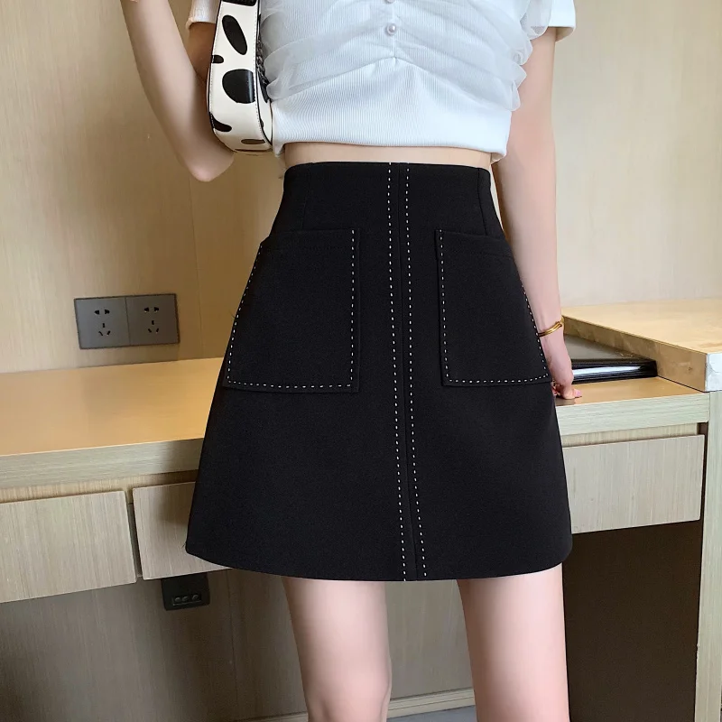 

Large Size Women's Skirt Women's Summer Fat Sister with Pockets Skirt Summer High Waist Black Sheath A- line Skirt